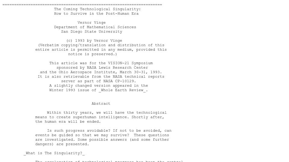 Screenshot of edoras.sdsu.edu: The Coming Technological Singularity (1993)