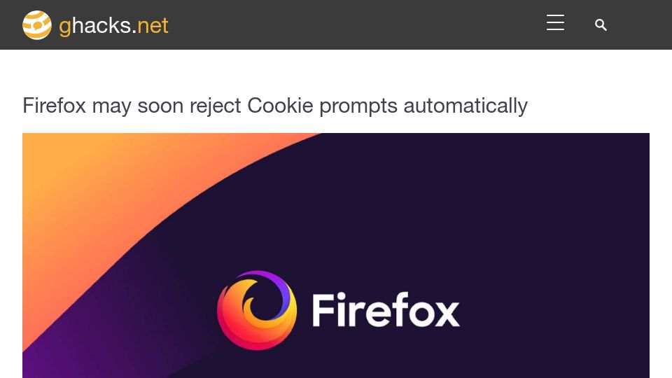 Screenshot of ghacks.net: Firefox may soon reject Cookie prompts automatically