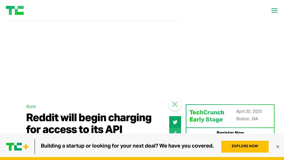 Screenshot of techcrunch.com: Reddit will begin charging for access to its API