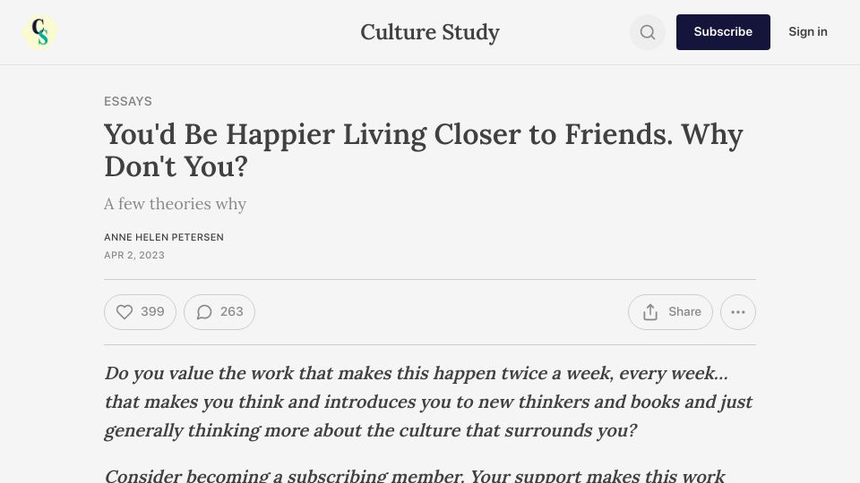 Screenshot of annehelen.substack.com: Why don’t more people live close to friends?