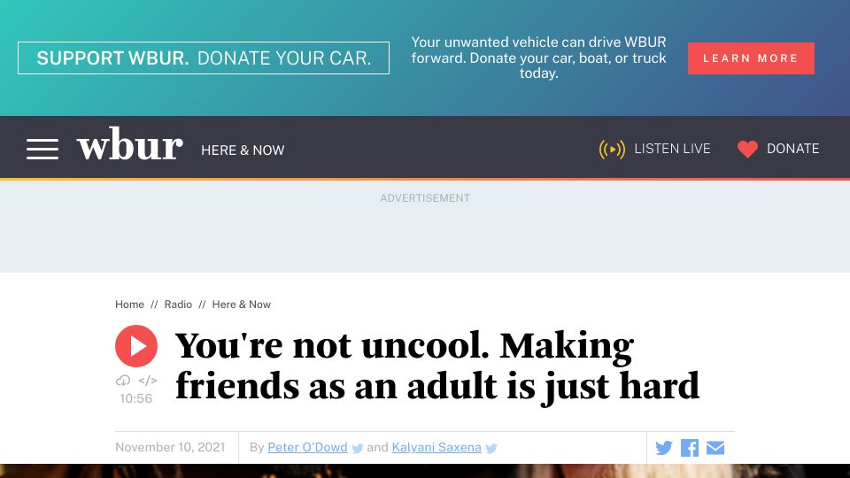 Screenshot of wbur.org: Making friends as an adult is hard (2021)