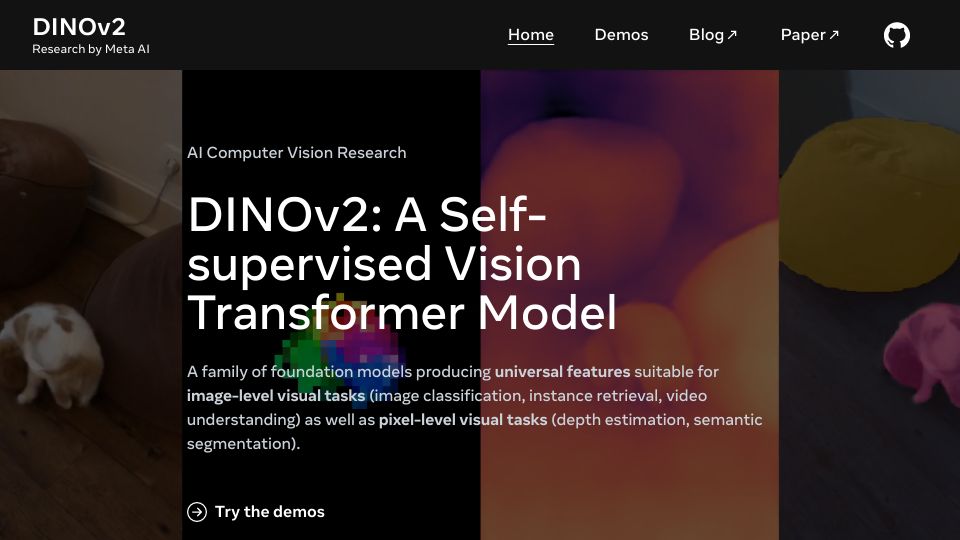 Screenshot of dinov2.metademolab.com: DINOv2: State-of-the-art computer vision models with self-supervised learning