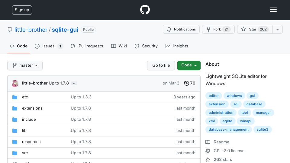 Screenshot of github.com: Lightweight SQLite Editor for Windows