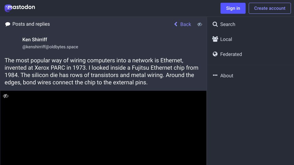 Screenshot of oldbytes.space: Inside a Fujitsu Ethernet chip from 1984