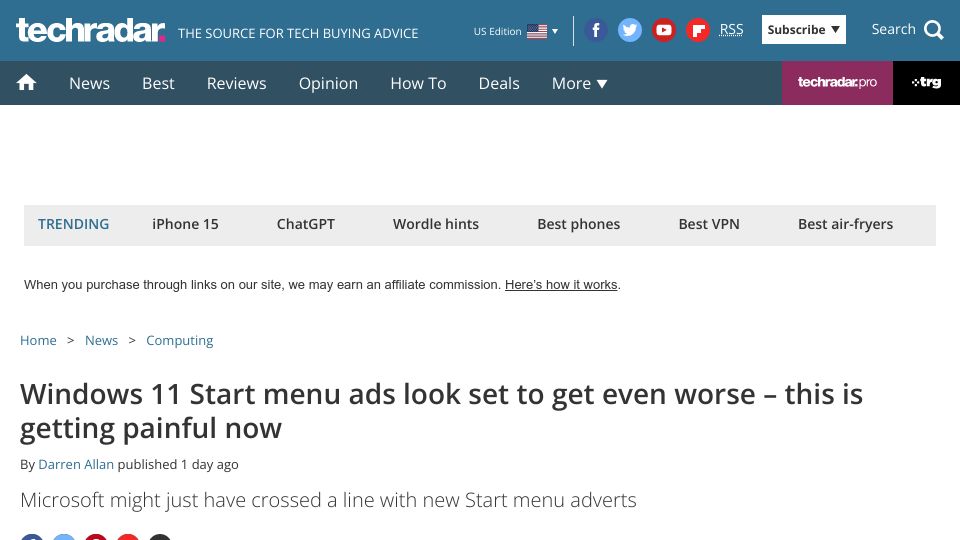 Screenshot of techradar.com: Windows 11 Start menu ads look set to get worse