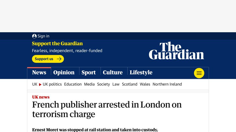 Screenshot of theguardian.com: French publisher arrested in London for refusal to tell police his passcodes