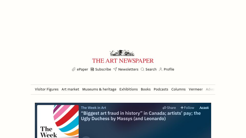 Screenshot of theartnewspaper.com: The 'biggest art fraud in history'