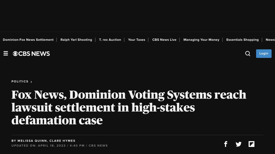 Screenshot of cbsnews.com: Fox News, Dominion Voting Systems reach $787,500,000 settlement