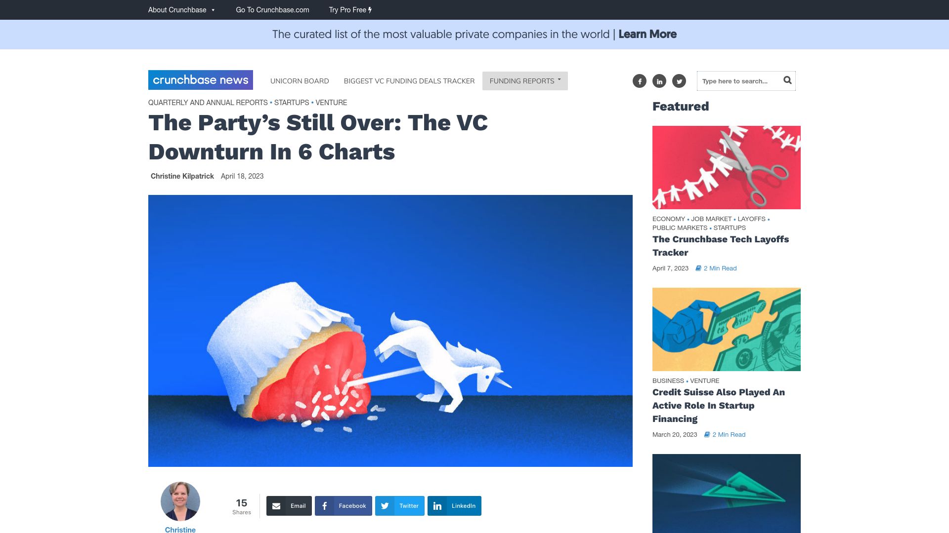 Screenshot of news.crunchbase.com: The VC Downturn in 6 Charts