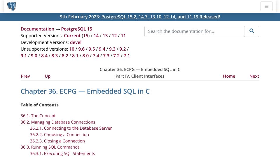 Screenshot of postgresql.org: ECPG – Embedded SQL in C