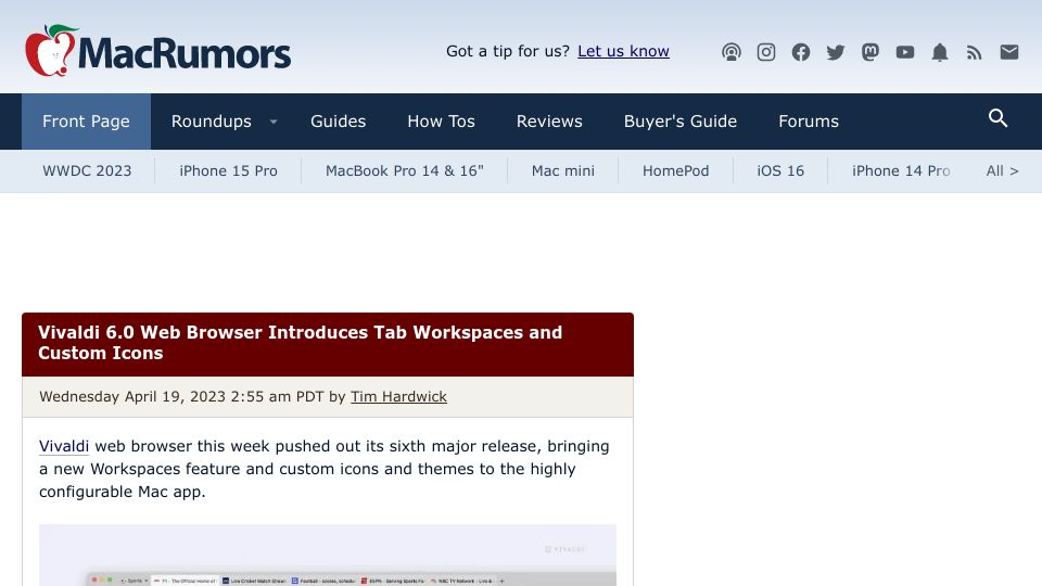 Screenshot of macrumors.com: Vivaldi 6.0 Web Browser Introduces Tab Workspaces and Custom Icons