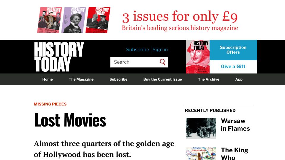 Screenshot of historytoday.com: Almost three quarters of the golden age of Hollywood has been lost