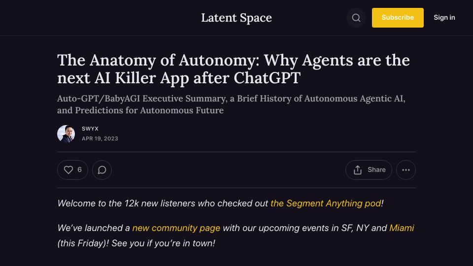 Screenshot of latent.space: Agents are the next AI killer app after ChatGPT