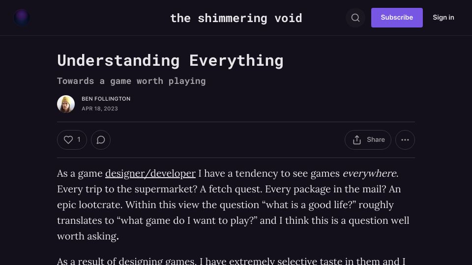 Screenshot of shimmeringvoid.substack.com: Understanding Everything