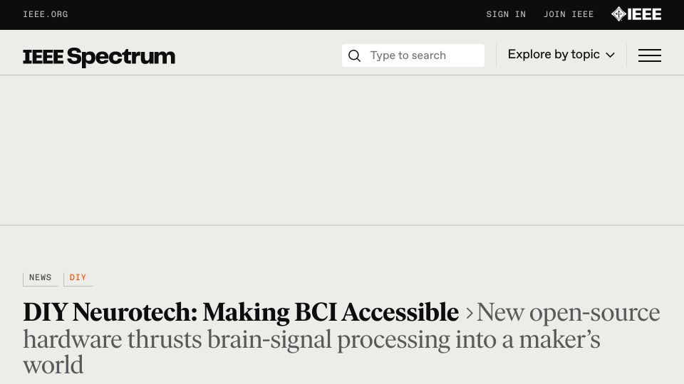 Screenshot of spectrum.ieee.org: DIY Neurotech: Making BCI open-source thrusts brain-signal into a maker’s world