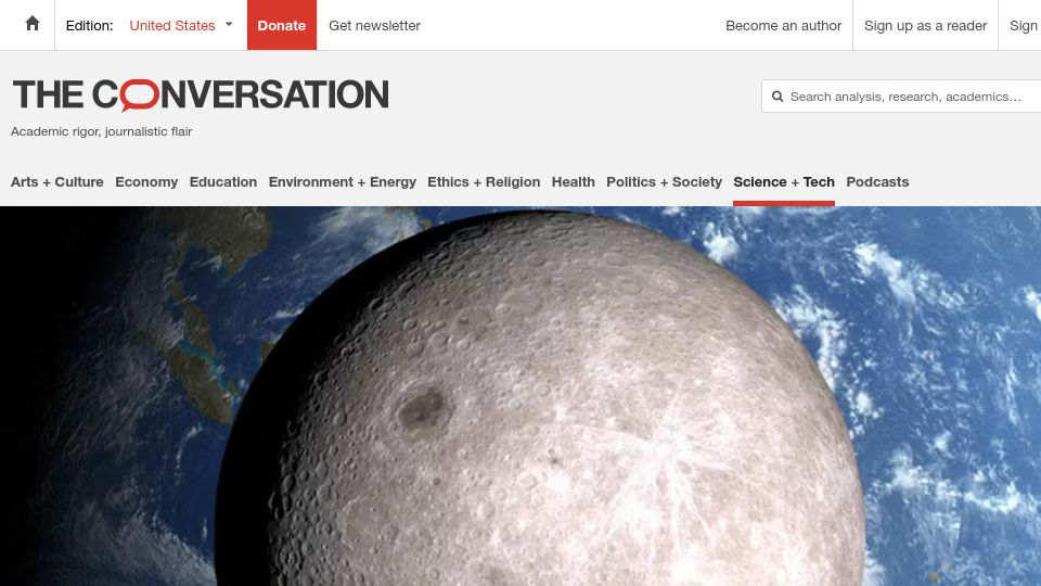 Screenshot of theconversation.com: Building telescopes on the Moon could transform astronomy