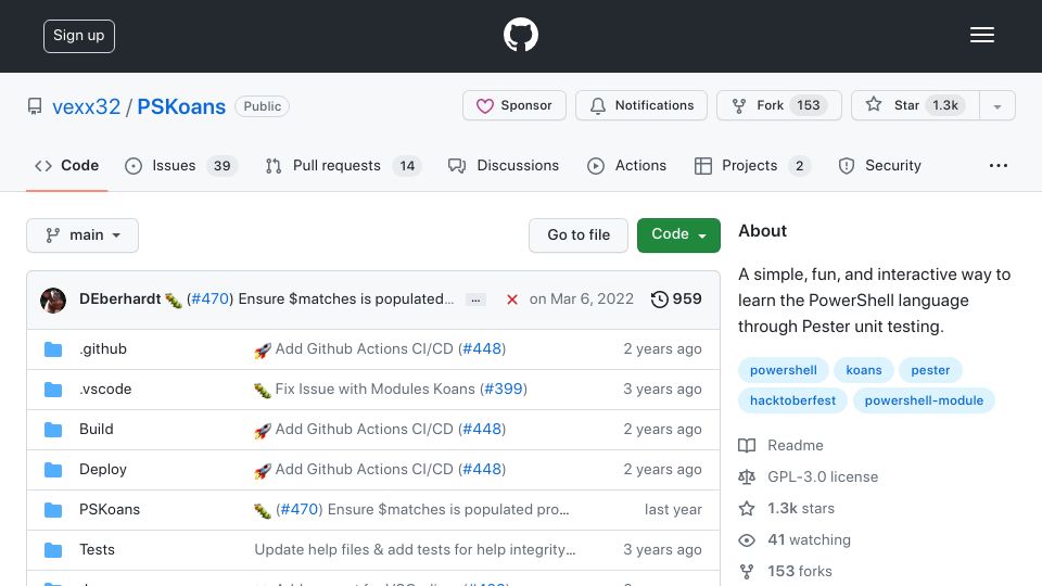 Screenshot of github.com: PSKoans: A simple, fun, and interactive way to learn the PowerShell language
