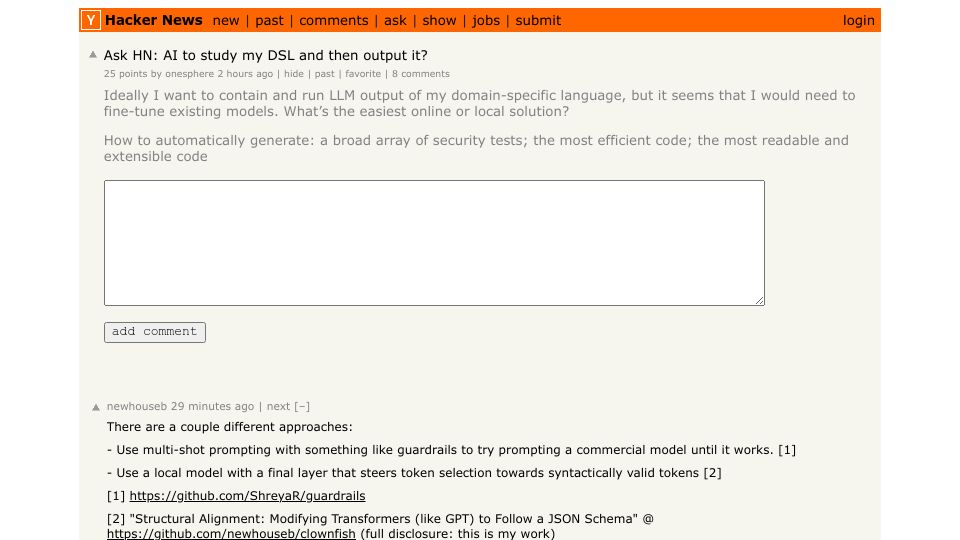 Screenshot of Hacker News post: Ask HN: AI to study my DSL and then output it?