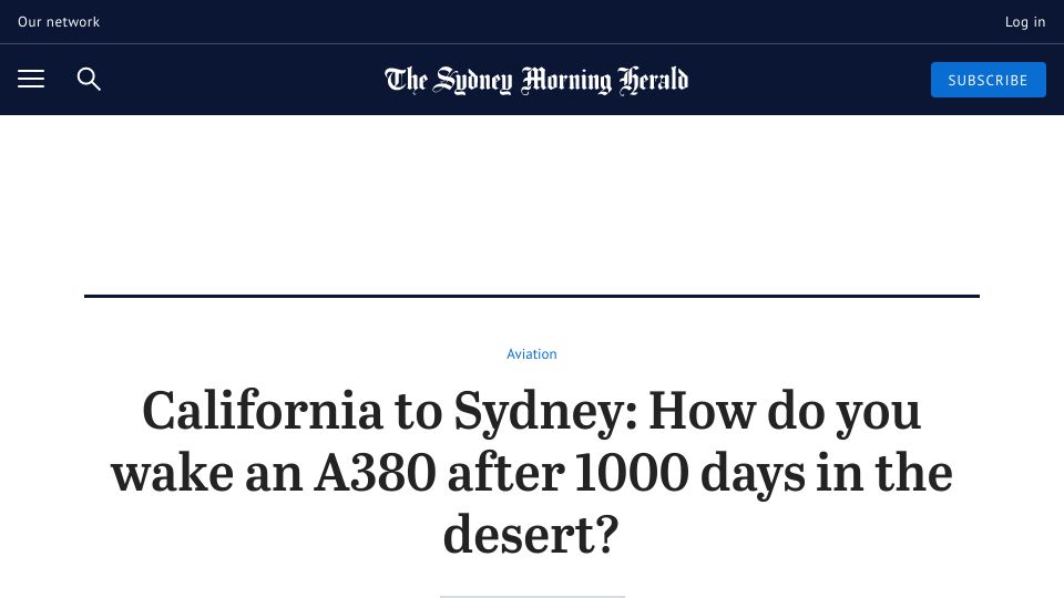 Screenshot of smh.com.au: Qantas is bringing back Airbus A380s from the California desert