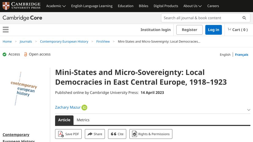Screenshot of cambridge.org: Mini-States and Micro-Sovereignty: Democracies in East Central Europe, 1918–1923