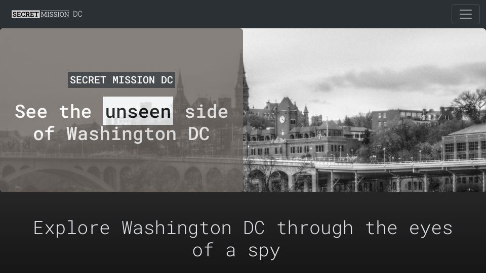 Screenshot of secretmissiondc.com: Explore Washington DC through the eyes of a spy