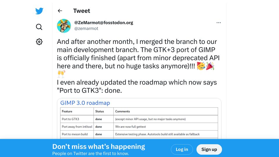 Screenshot of twitter.com: The GTK+3 port of GIMP is officially finished