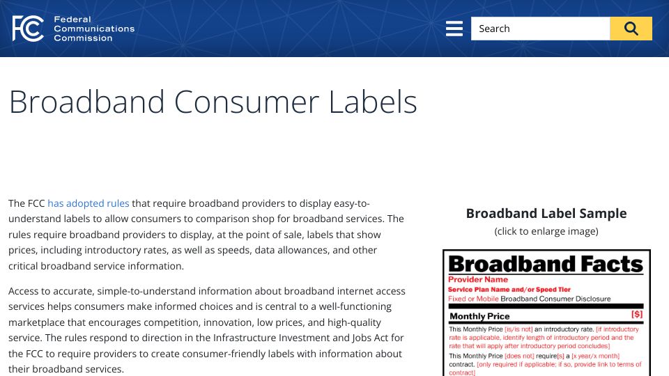 Screenshot of fcc.gov: Broadband Consumer Labels
