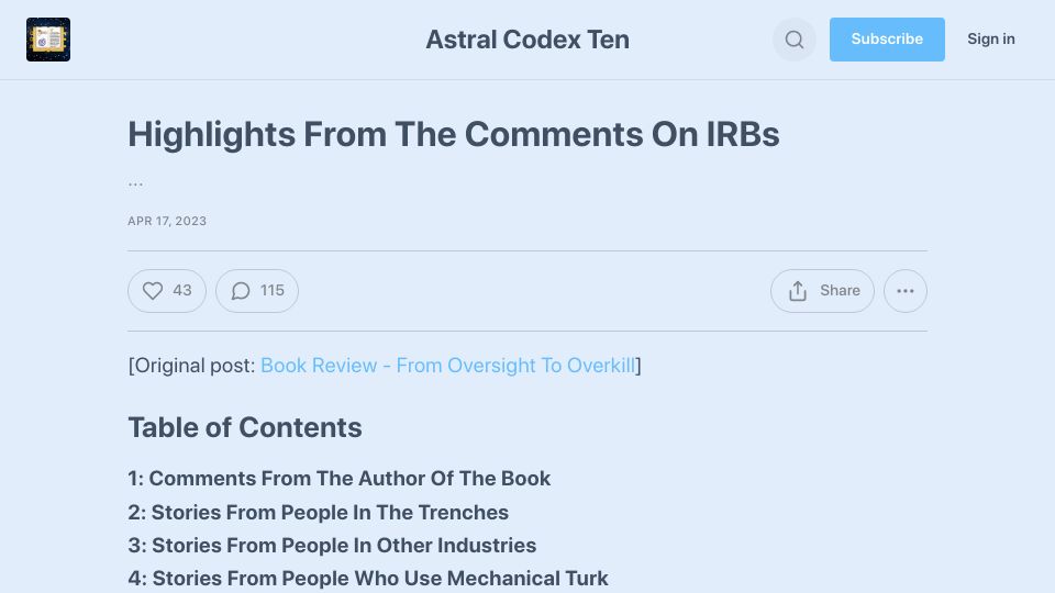 Screenshot of astralcodexten.substack.com: Highlights from the Comments on IRBs