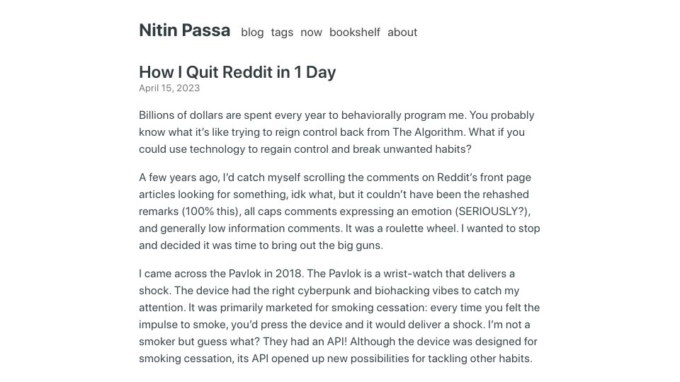 Screenshot of nitinpassa.com: I Quit Reddit in 1 Day