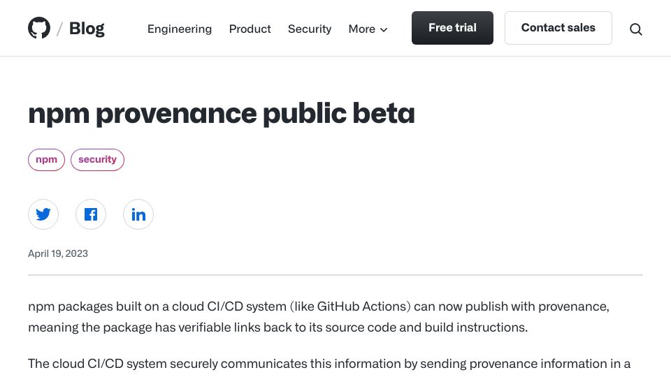 Screenshot of github.blog: NPM Provenance Public Beta
