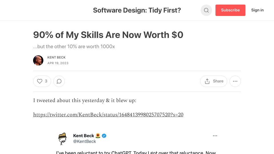 Screenshot of tidyfirst.substack.com: Most of my skills are now worth nothing, but 10% are worth 1000x