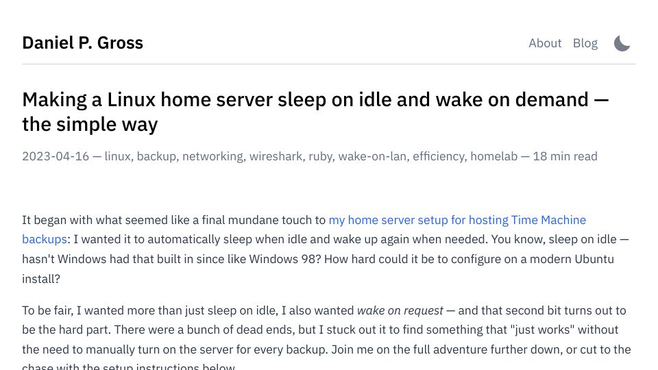 Screenshot of dgross.ca: Making a Linux home server sleep on idle and wake on demand – the simple way