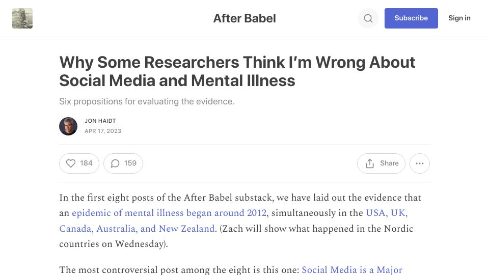 Screenshot of jonathanhaidt.substack.com: Why some researchers think I’m wrong about social media and mental illness