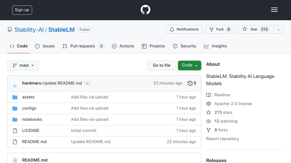 Screenshot of github.com: Stability AI Launches StableLM: A New Open-Source Language Model