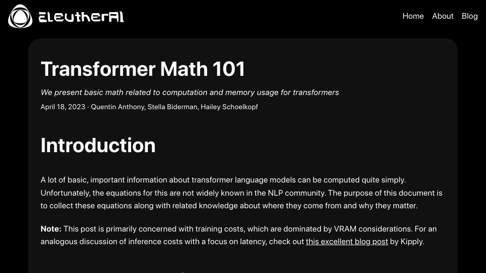 Screenshot of blog.eleuther.ai: Basic math related to computation and memory usage for transformers