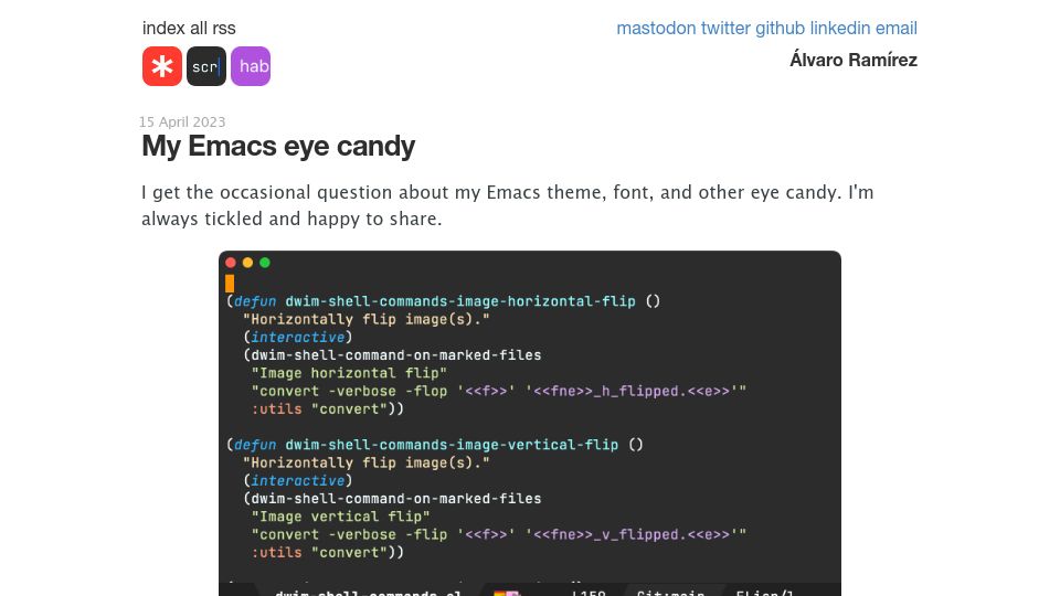 Screenshot of xenodium.com: My Emacs eye candy