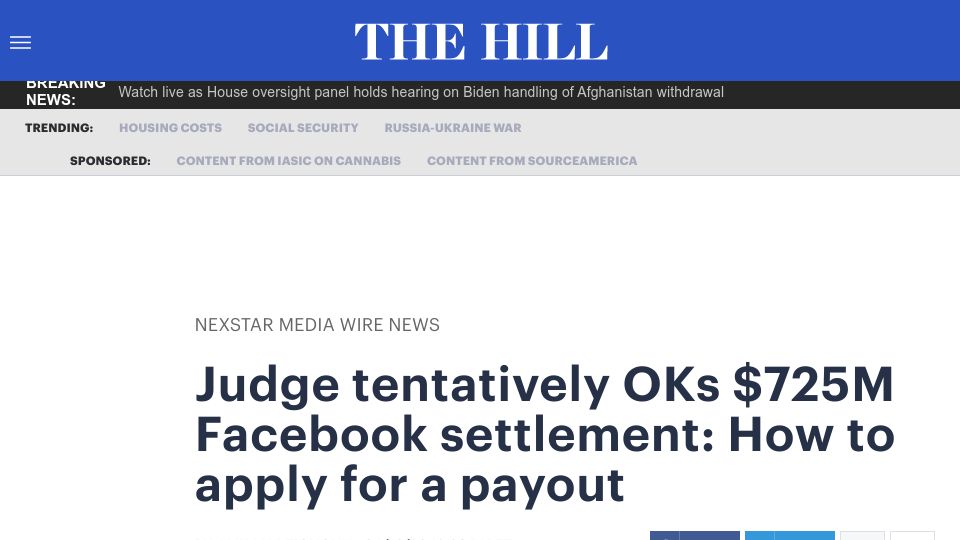 Screenshot of thehill.com: Judge tentatively OKs $725M Facebook settlement: How to apply for a payout