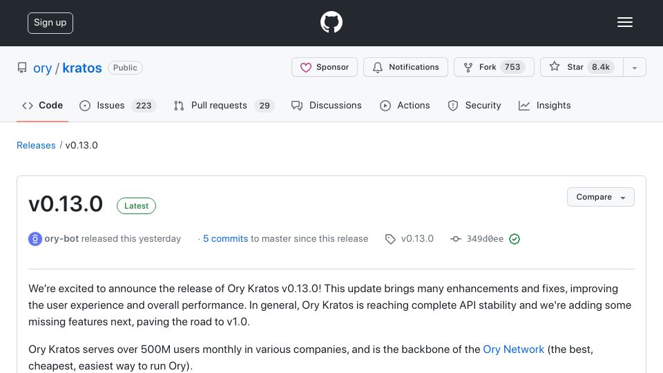 Screenshot of github.com: Show HN: Open-source Auth0 alternative Ory Kratos v0.13 released – nearing v1.0