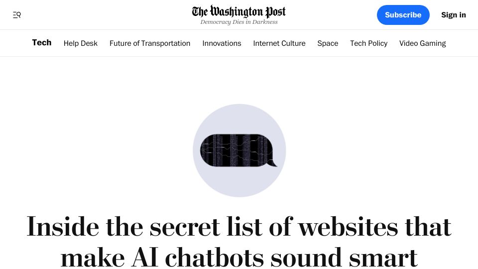 Screenshot of washingtonpost.com: Analyzing the websites that are used to train AI chatbots