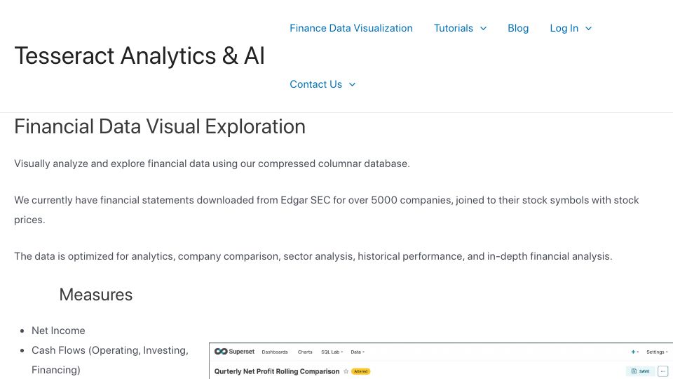 Screenshot of tesseractanalytics.ai: Show HN: Database for analyzing US companies, visualize using Apache SuperSet