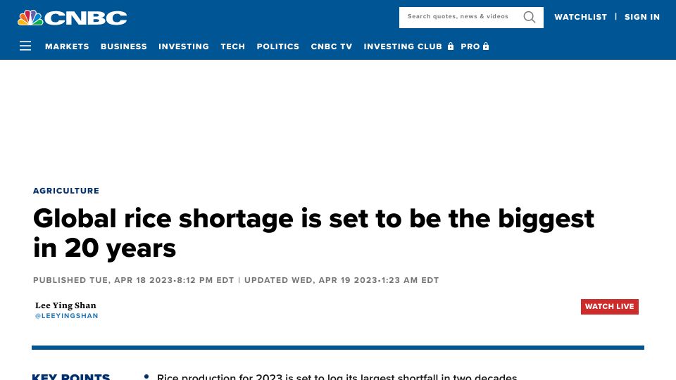 Screenshot of cnbc.com: Global rice shortage is set to be the biggest in 20 years