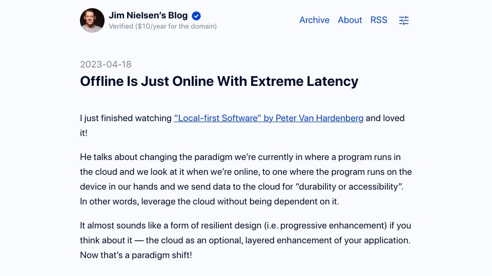 Screenshot of blog.jim-nielsen.com: Offline is just online with extreme latency