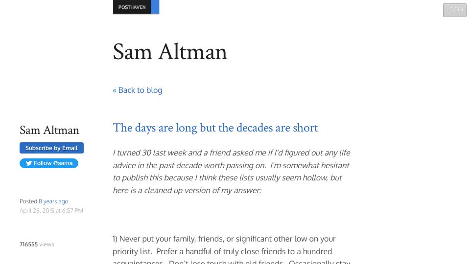 Screenshot of blog.samaltman.com: The days are long but the decades are short (2015)