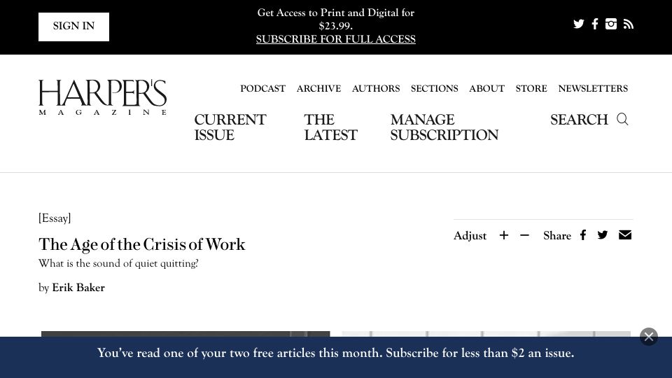 Screenshot of harpers.org: The Age of the Crisis of Work