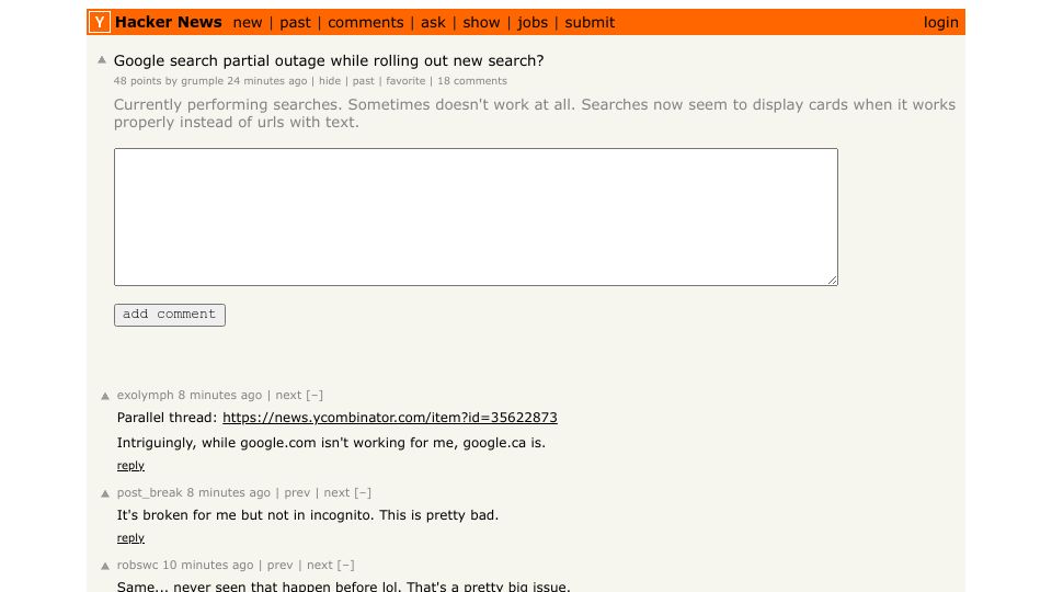 Screenshot of Hacker News post: Tell HN: Google search partial outage while rolling out new search?