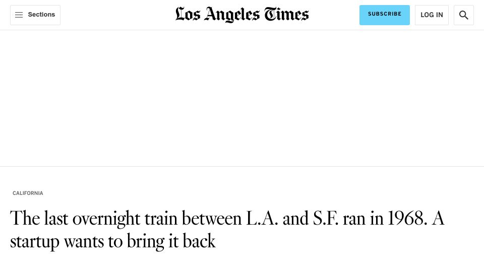 Screenshot of latimes.com: Overnight 'hotel train' could link San Francisco and Los Angeles