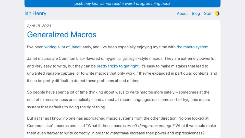 Screenshot of ianthehenry.com: Generalized Macros
