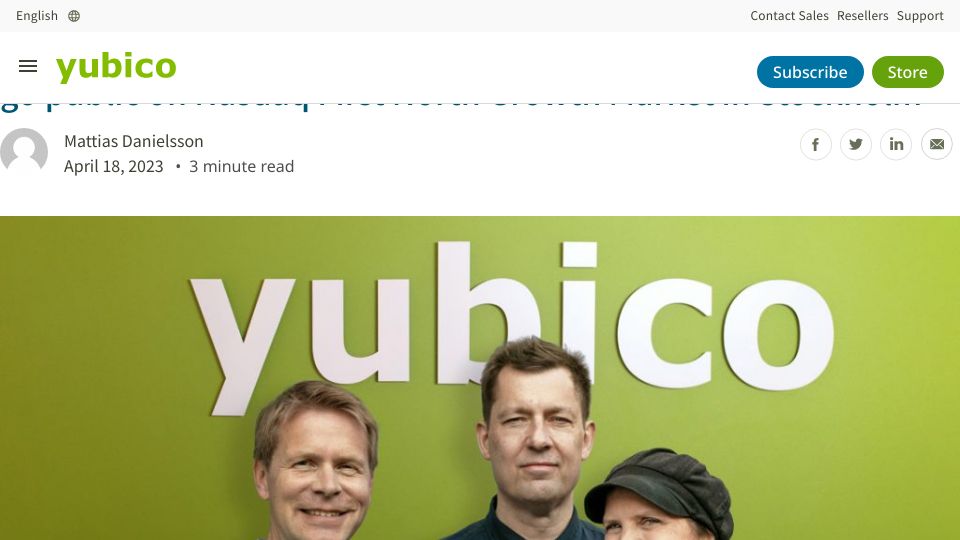 Screenshot of yubico.com: Yubico is merging with ACQ Bure and intends to go public