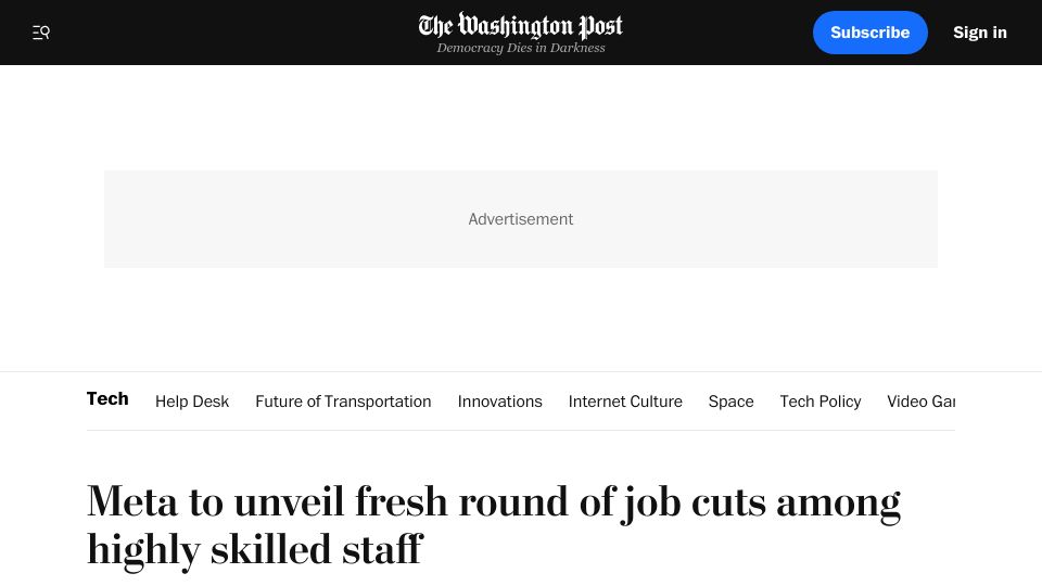 Screenshot of washingtonpost.com: Meta to unveil fresh round of job cuts among highly skilled staff