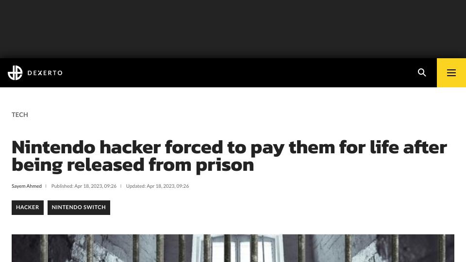 Screenshot of dexerto.com: Nintendo Hacker Freed, Now Owes Them 25-30% of Salary for Life